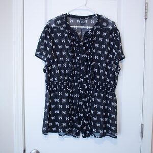 Torrid 3 Sheer Black Ruffle Black White Bow Short Sleeve Blouse Dressy Career